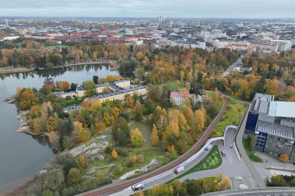 Havainnekuva satamatunnelin ja Länsibaanan sijoittumisesta Lapinlahden puistoon 2024.