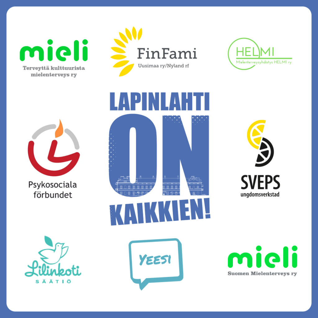 Keskellä sininen Lapinlahti ON kaikkien! -logo. Reunoilla kahdeksan mielenterveysalan järjestön logot.