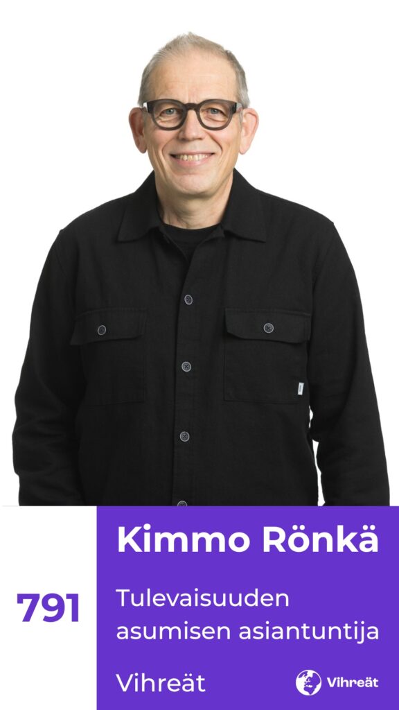 Puolivartalokuva Kimmosta sekä ehdokasnumero 791, tulevaisuuden asumisen asiantuntija, vihreät