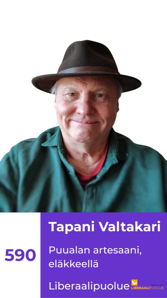 Rintakuva Tapanista sekä ehdokasnumero 590, puualan artesaani eläkkeellä, liberaalipuolue