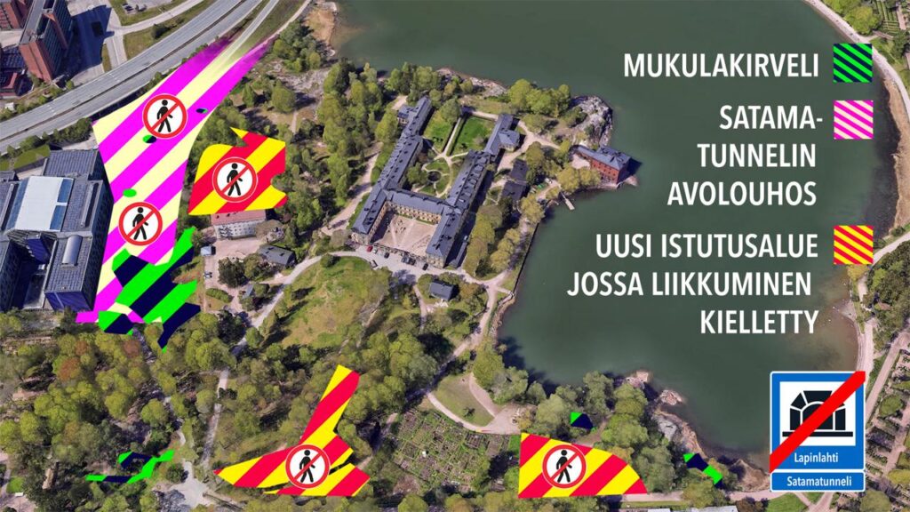 Ilmakuva Lapinlahden puistosta. Kuvaan on merkitty kirkkailla väreillä alueet, jotka poistuvat käytöstä mukulakirvelin kompensaatioistutusten takia.
