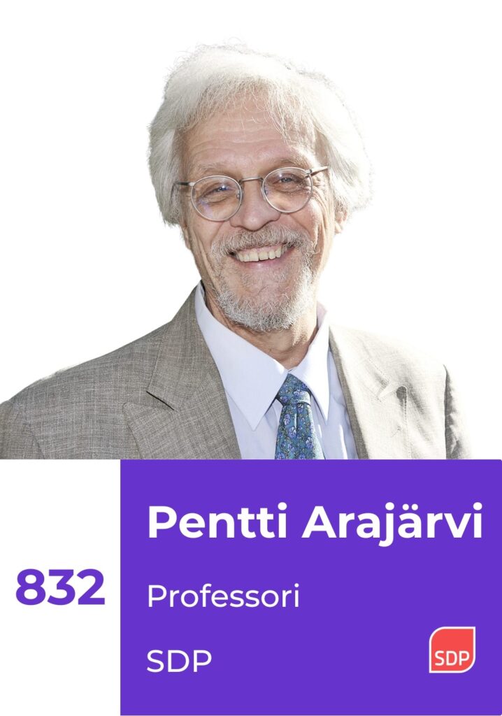 Rintakuva Pentistä sekä ehdokasnumero 832, professori, SDP