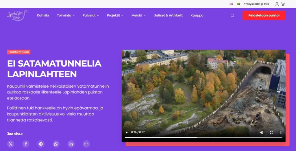 Ruutukaappaus kampanjasivun yläosasta. Otsikossa lukee: Ei satamatunnelia Lapinlahteen.