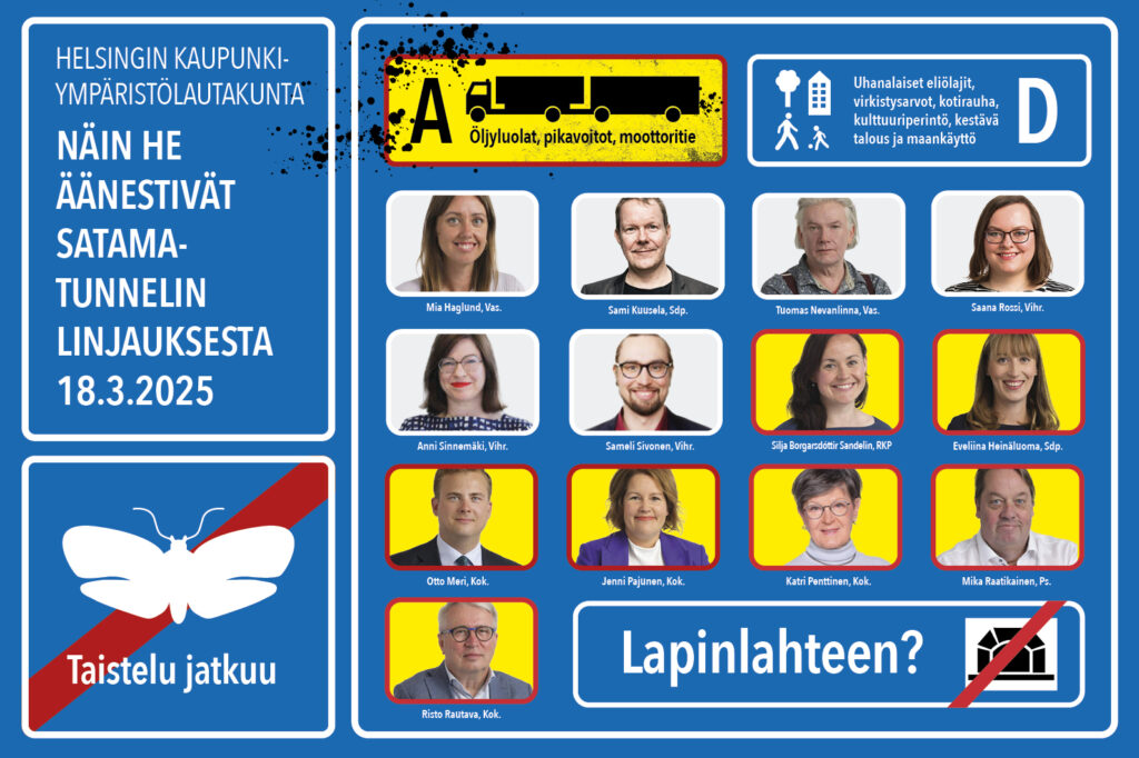 Kasvokuvat lautakunnan 13 jäsenestä. A-linjauksen puolesta äänestäneiden 7 jäsenen kuvien tausta väritetty keltaiseksi. Pääteksti: Näin he äänestivät satamatunnelin linjauksesta.